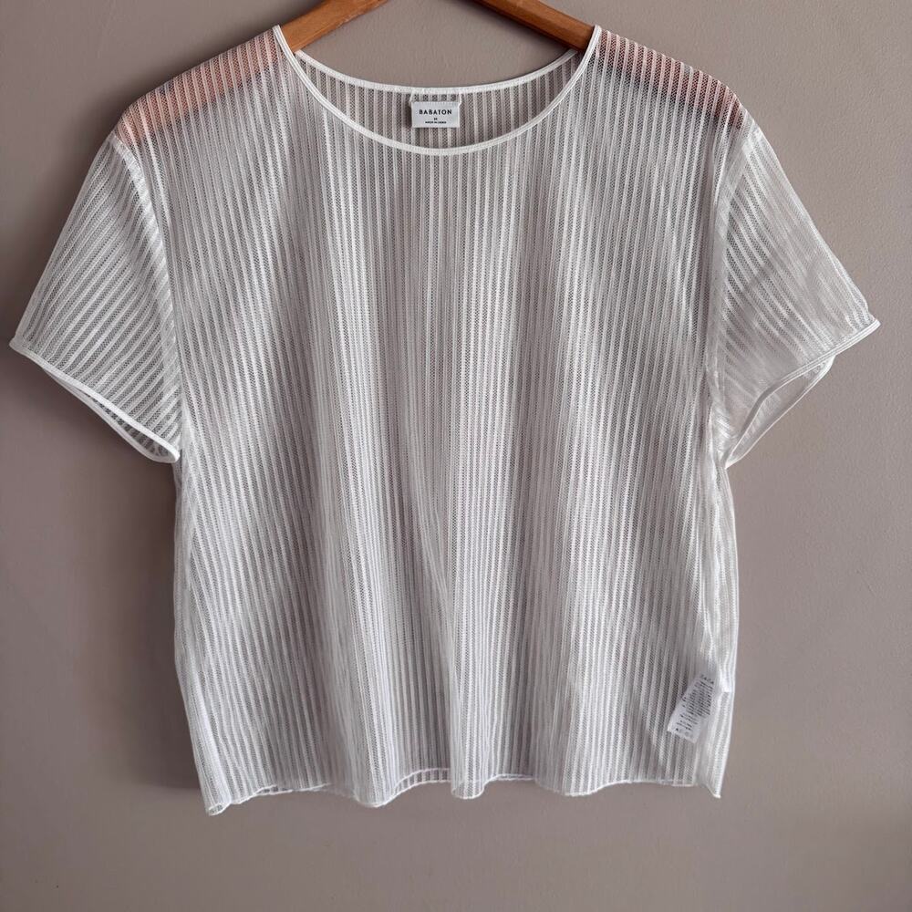 Aritzia Babaton White Sheer Stripe Mesh Short Sleeve TShirt Top Size Medium